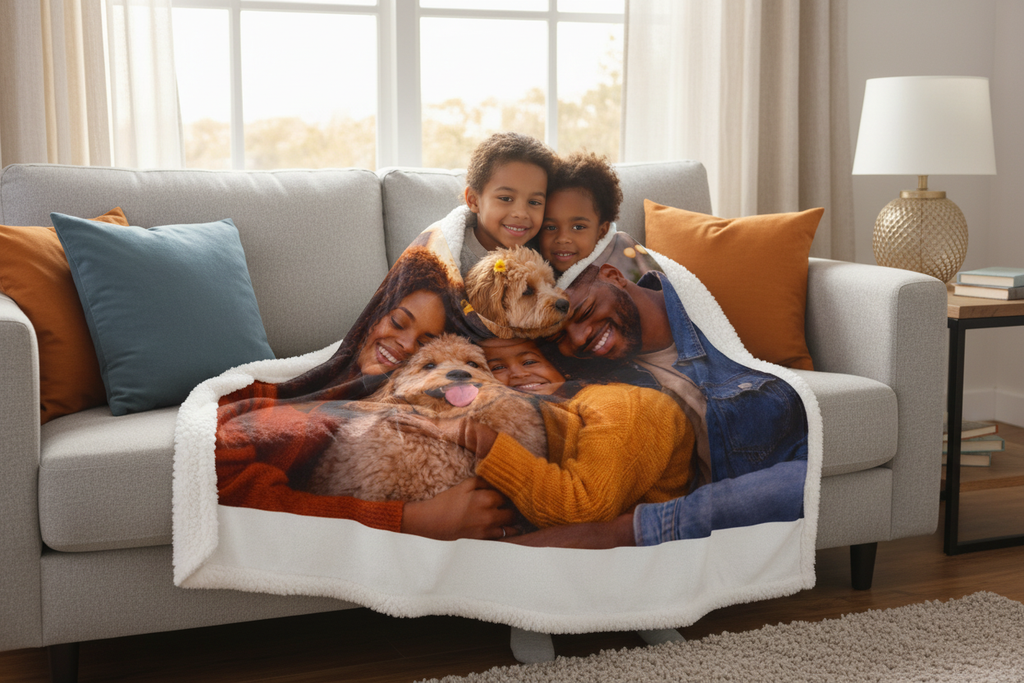 Child and dog with blanket