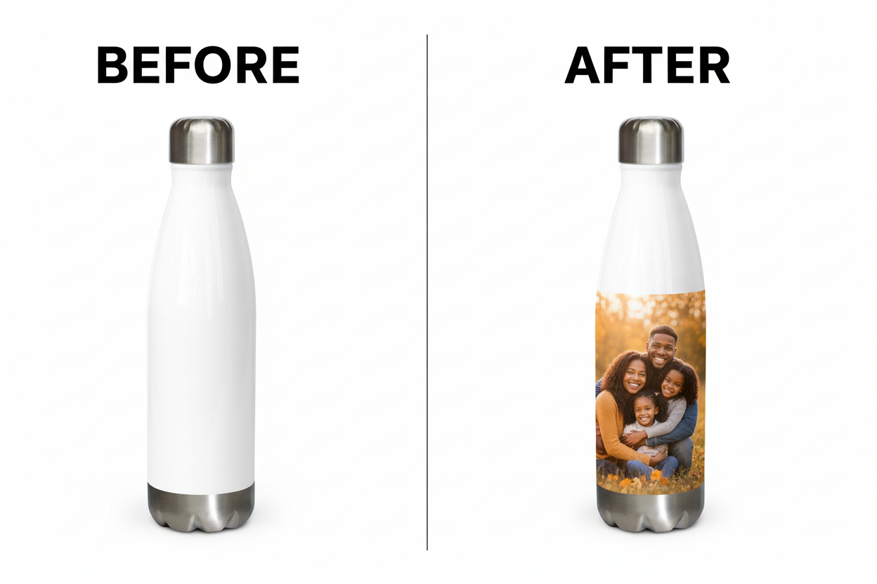 Custom Photo Water Bottle Before & After