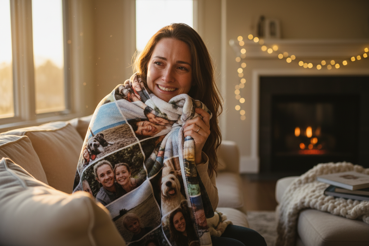 Emotional woman receiving photo blanket