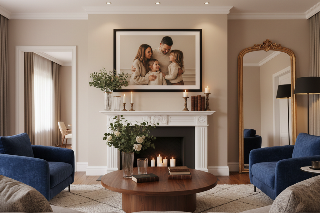 Family portrait above fireplace mantel