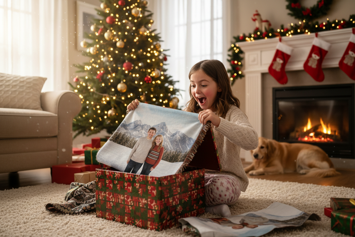 Girl with family blanket - Christmas