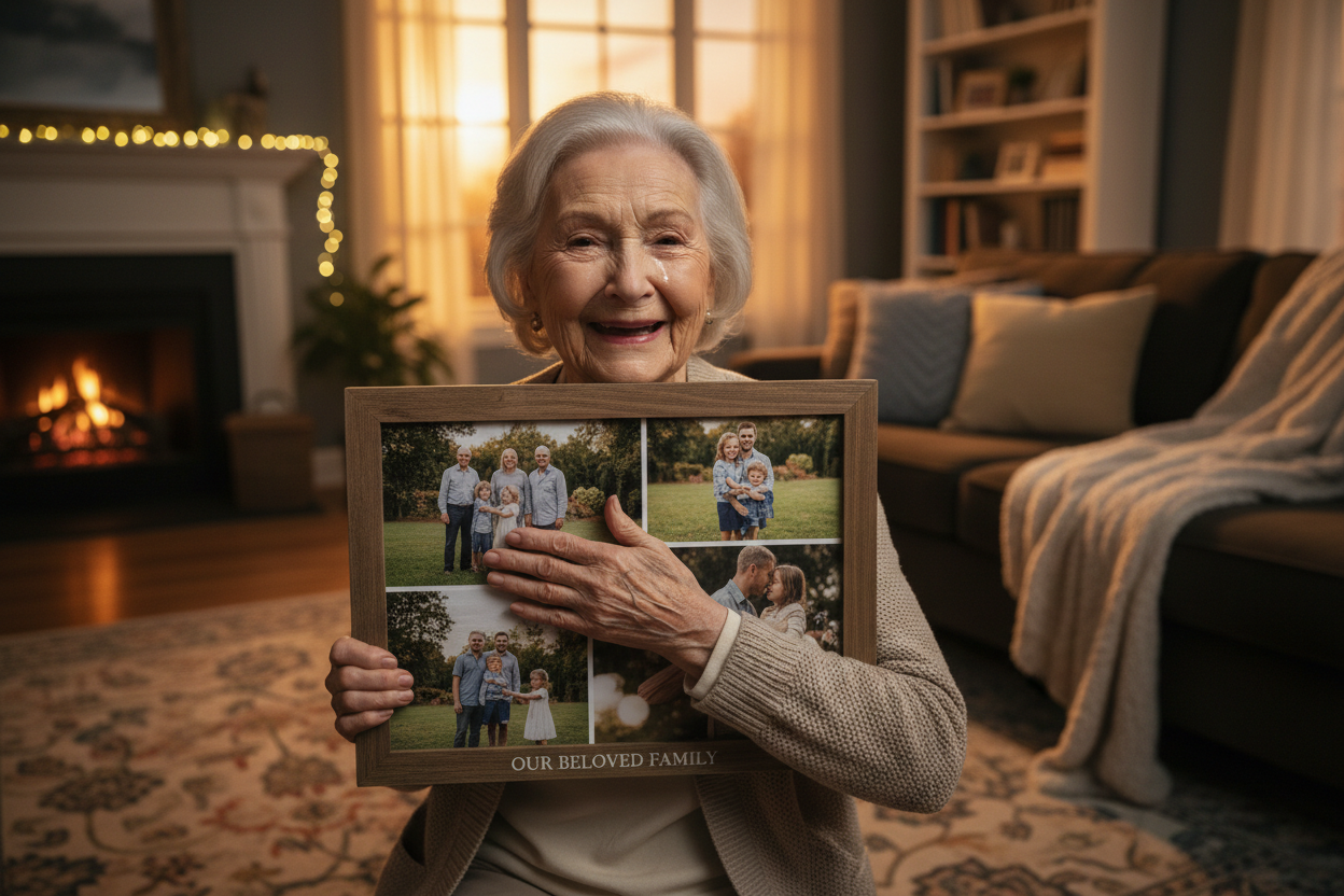 Grandmother emotional with family photo canvas
