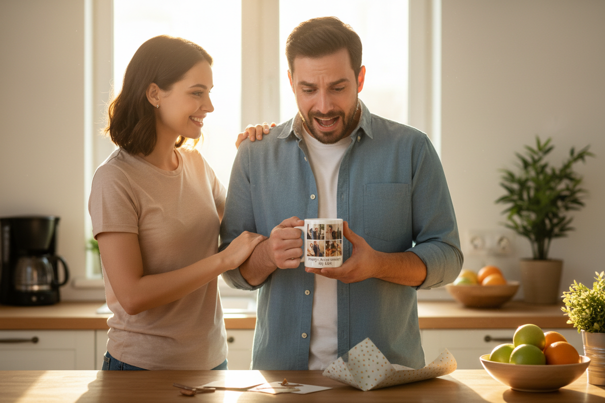 Husband emotional receiving anniversary photo mug
