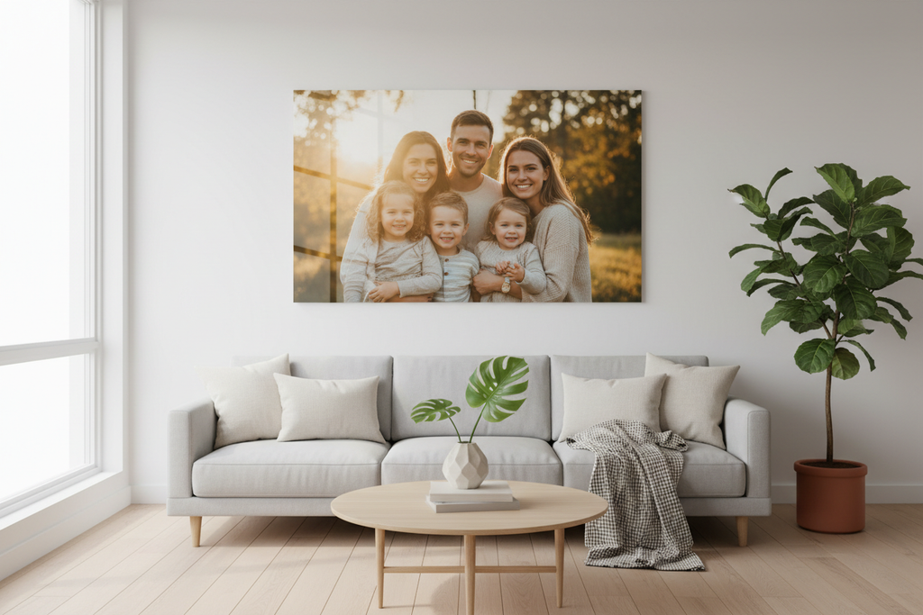 Custom photo poster with family portrait displayed in modern living room wall art