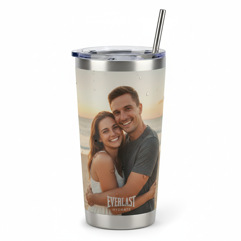 Close-up of custom photo tumbler showing full-wrap print quality and metal straw