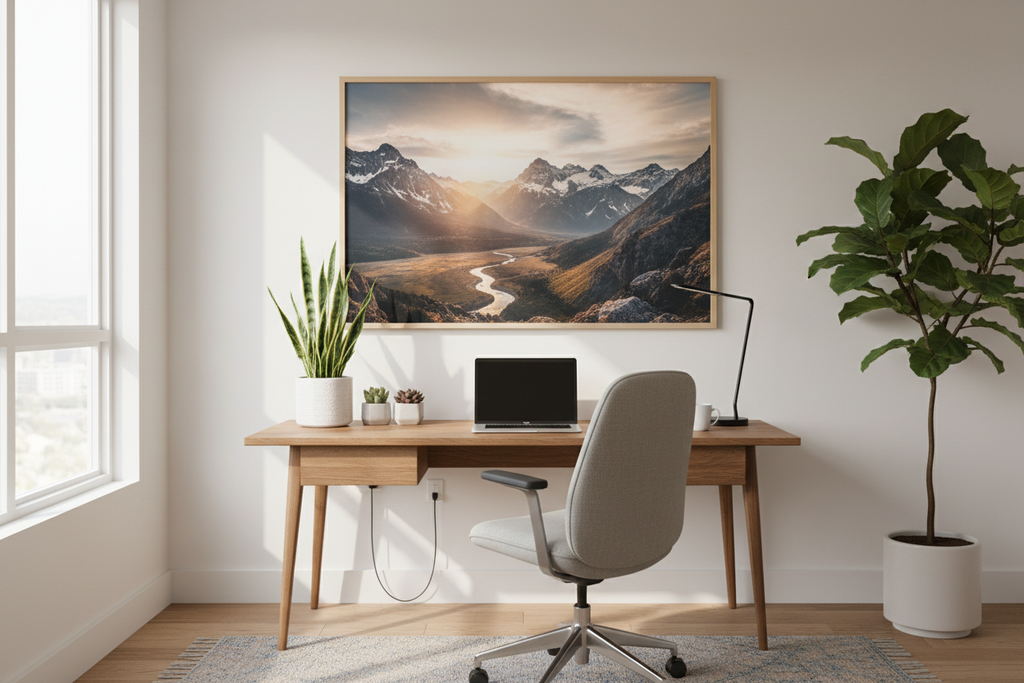 Custom photo wall art print in modern home office - personalized poster decor