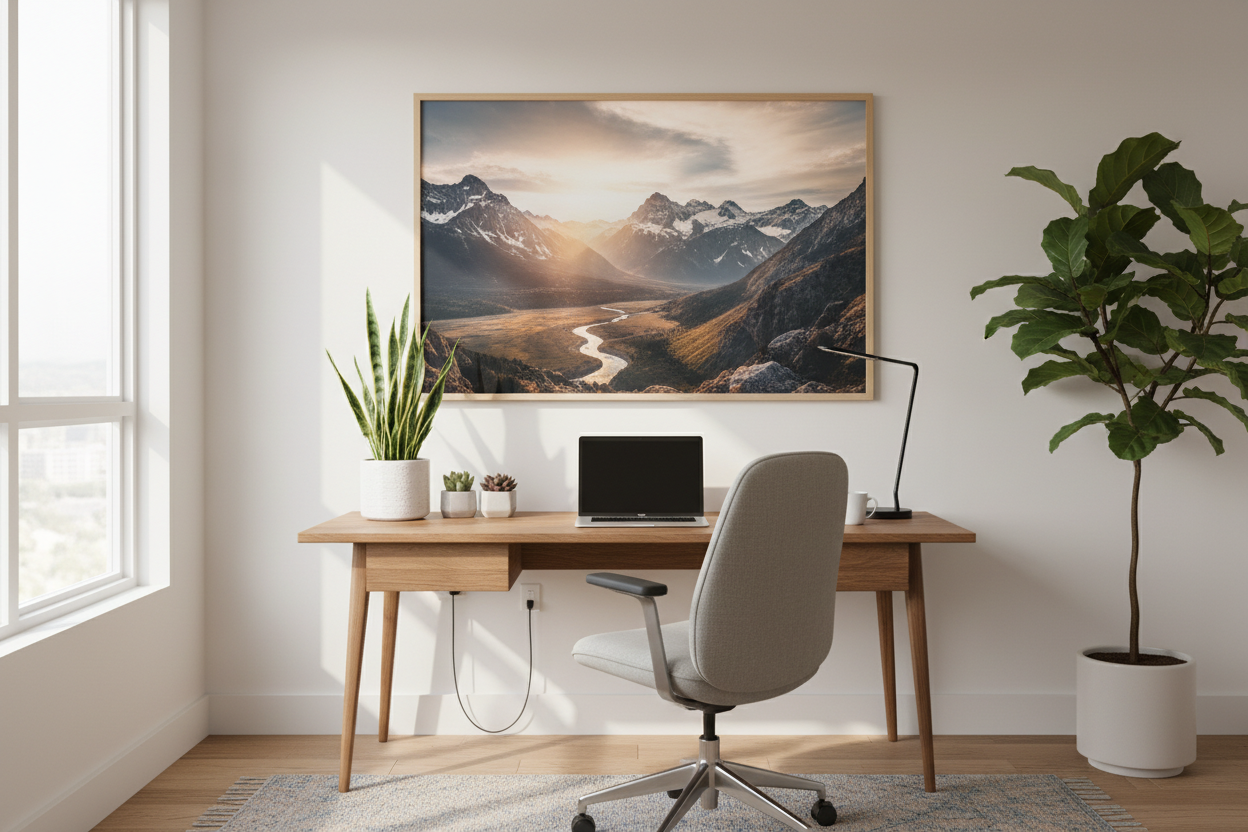 Custom photo wall art print in modern home office - personalized poster decor