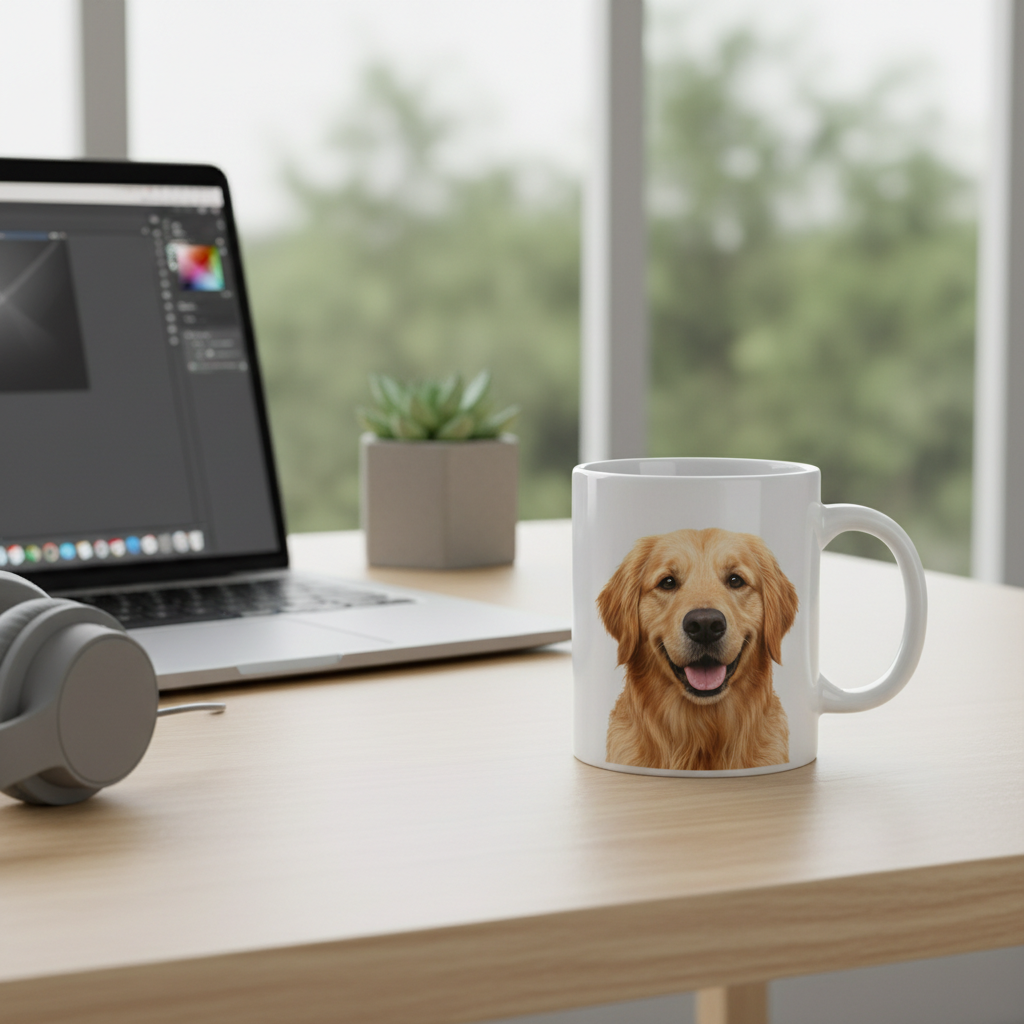 Custom pet photo mug on a modern desk next to a laptop