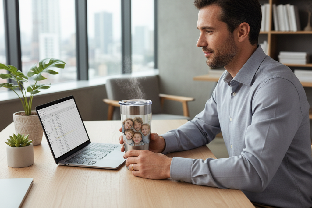 Man at office desk with personalized photo tumbler - custom drinkware at work