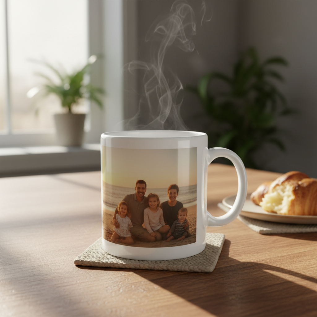 White glossy custom photo mug on a cozy wooden table with morning sunlight