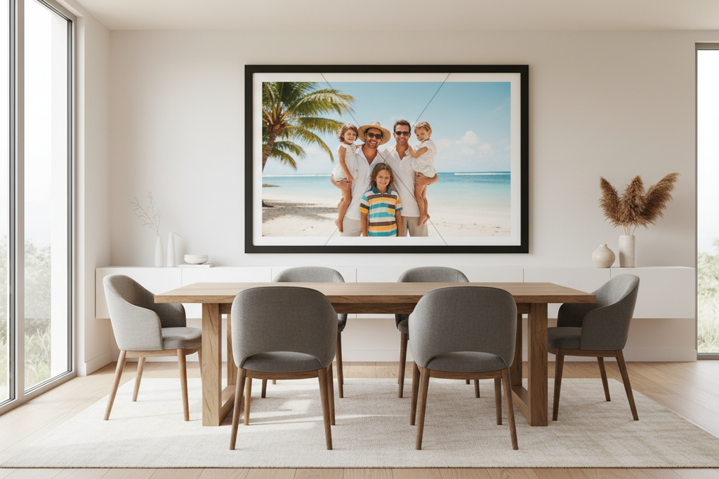Custom framed vacation photo poster in modern dining room - personalized wall art decor