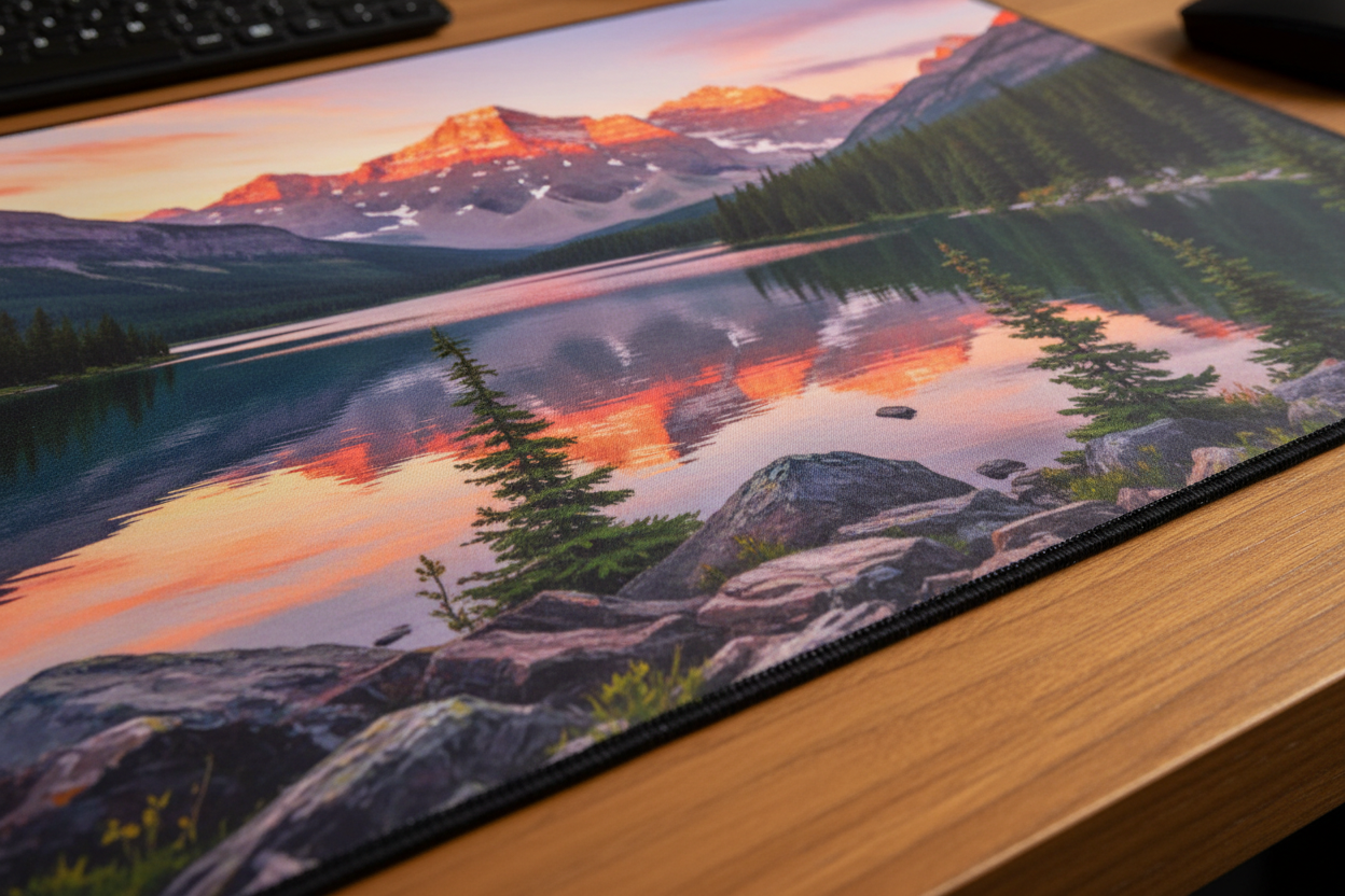 Close-up of custom photo desk mat showing edge-to-edge print quality and hemmed edges – personalized desk pad