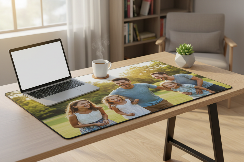 Custom photo desk mat on modern home office desk with laptop coffee and plant – personalized large desk pad gift
