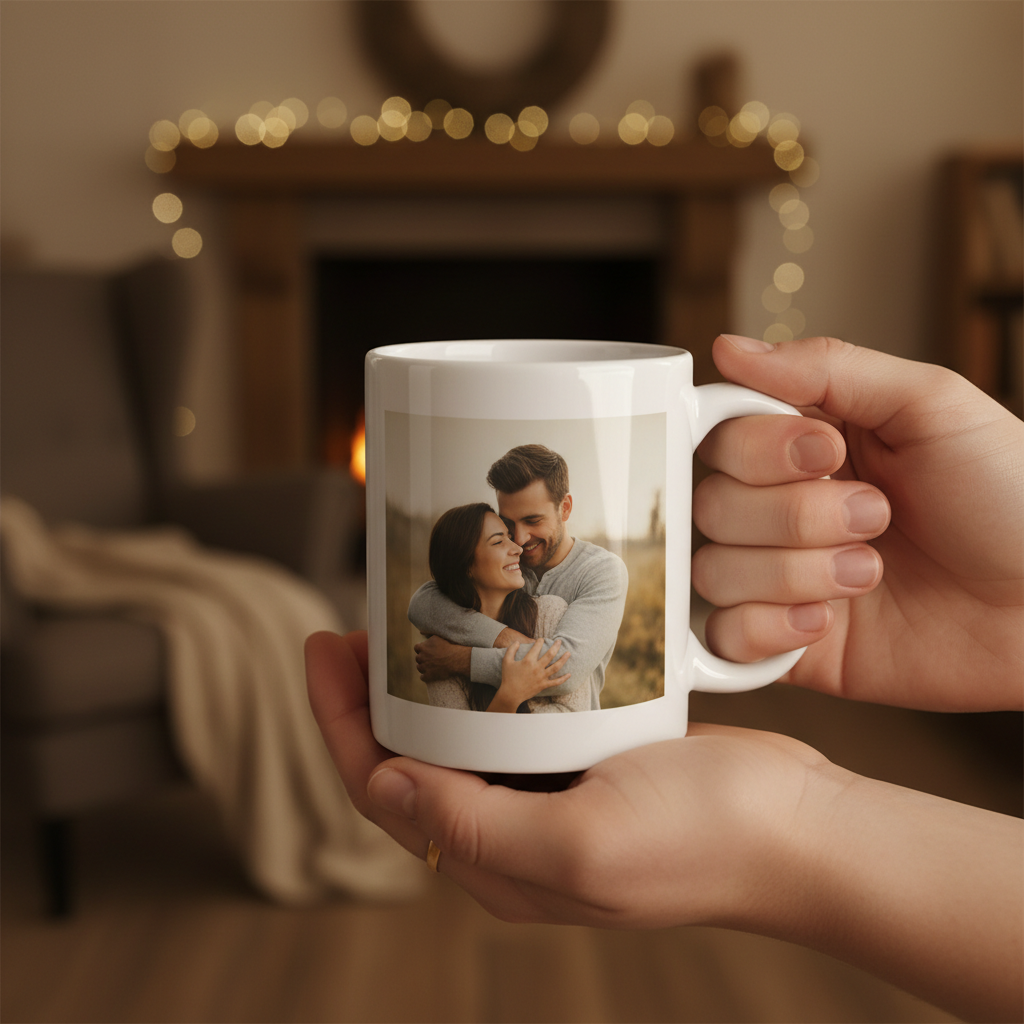 Personalized white glossy mug held by hands with a warm home background