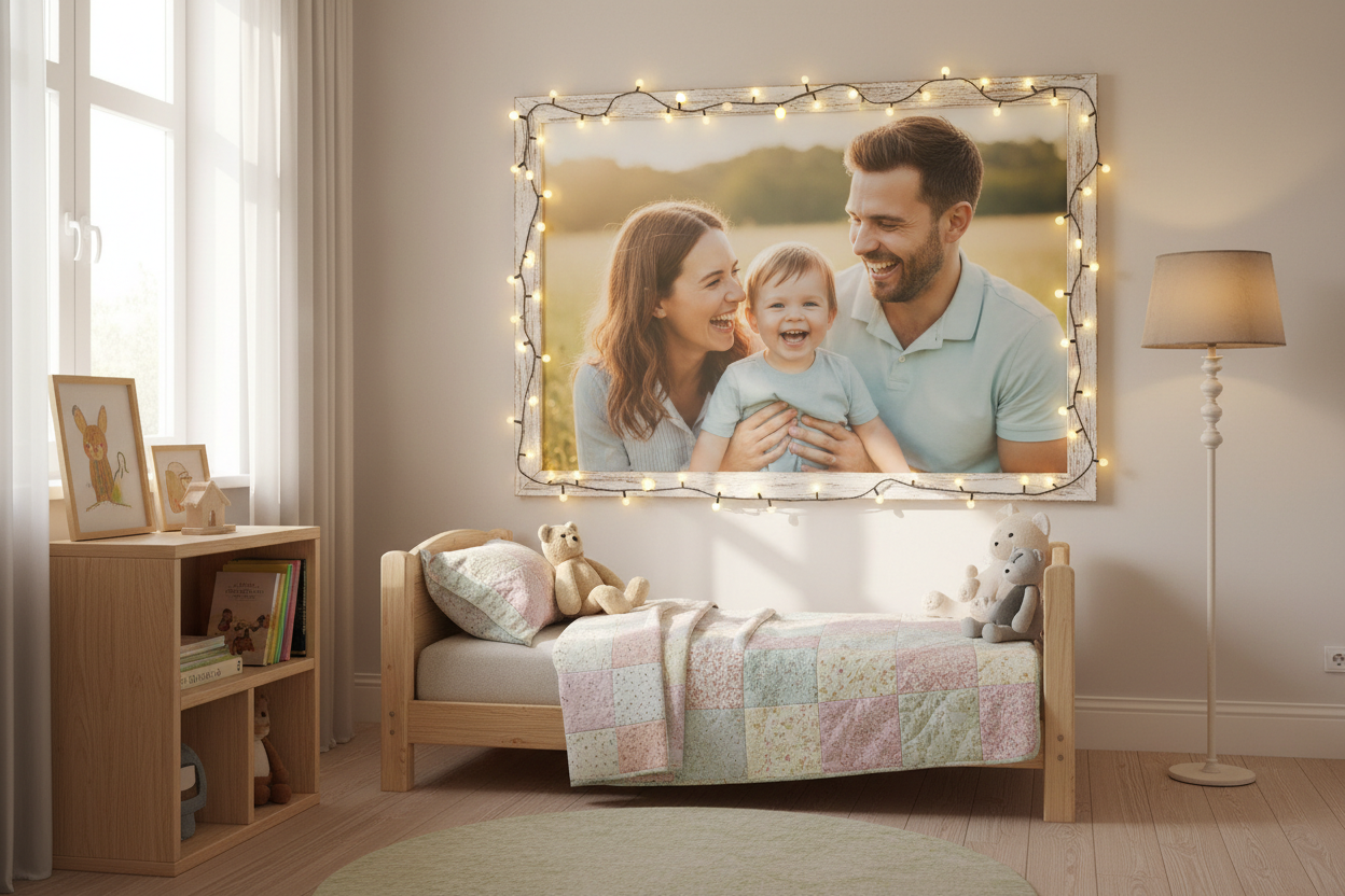 Child's bedroom with custom family photo poster wall art