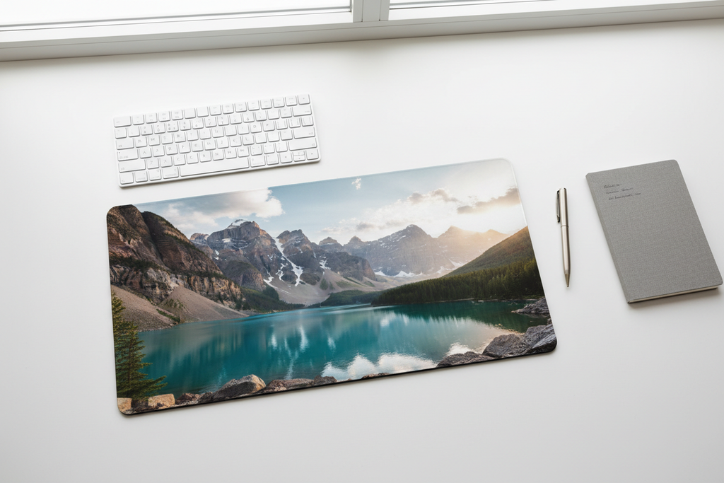 Custom photo desk mat flat lay with keyboard pen and notebook – personalized large office desk pad gift