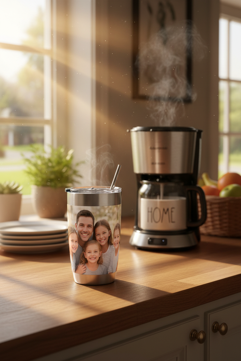 Custom photo stainless steel tumbler on kitchen counter - personalized drinkware morning routine