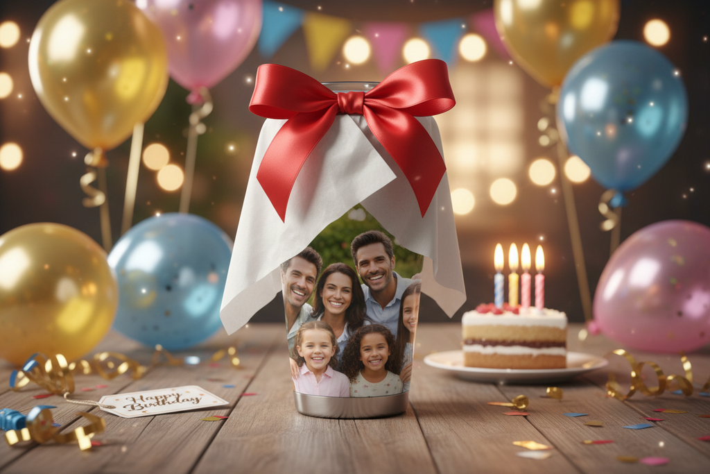 Custom photo stainless steel tumbler as personalized birthday gift with ribbon