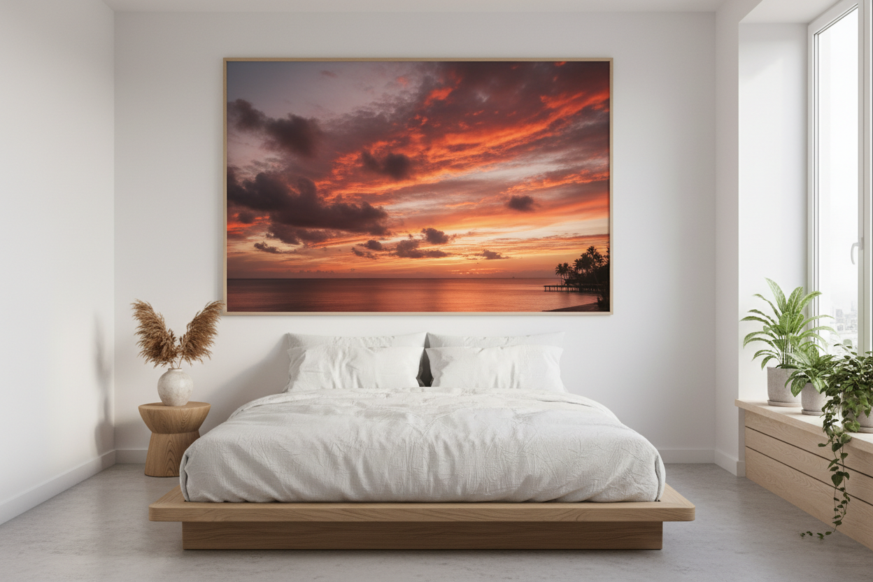 Minimalist bedroom with large custom travel photo poster as statement wall art