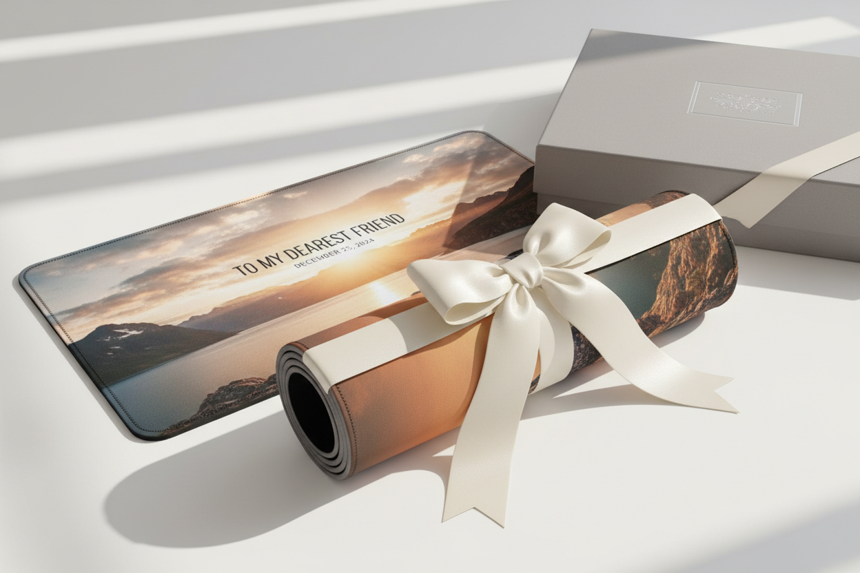 Custom photo desk mat rolled with ribbon bow and gift box – personalized desk pad gift presentation
