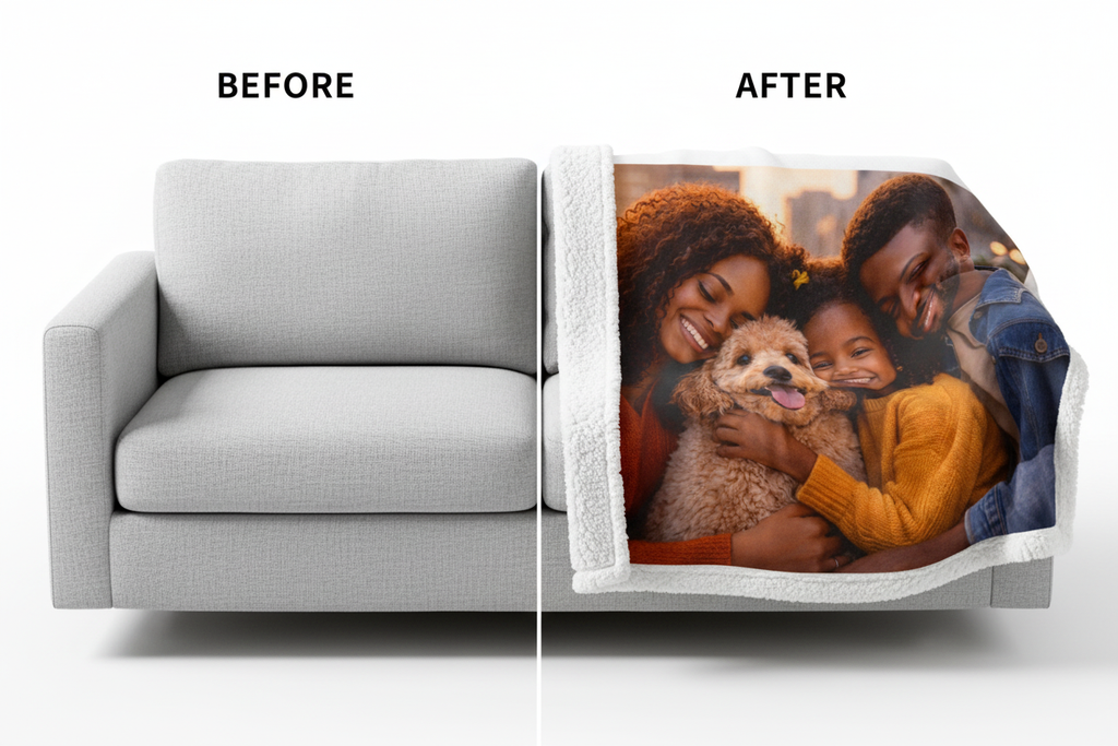 Before and after comparison showing a plain blanket transformed into a personalized photo sherpa fleece throw