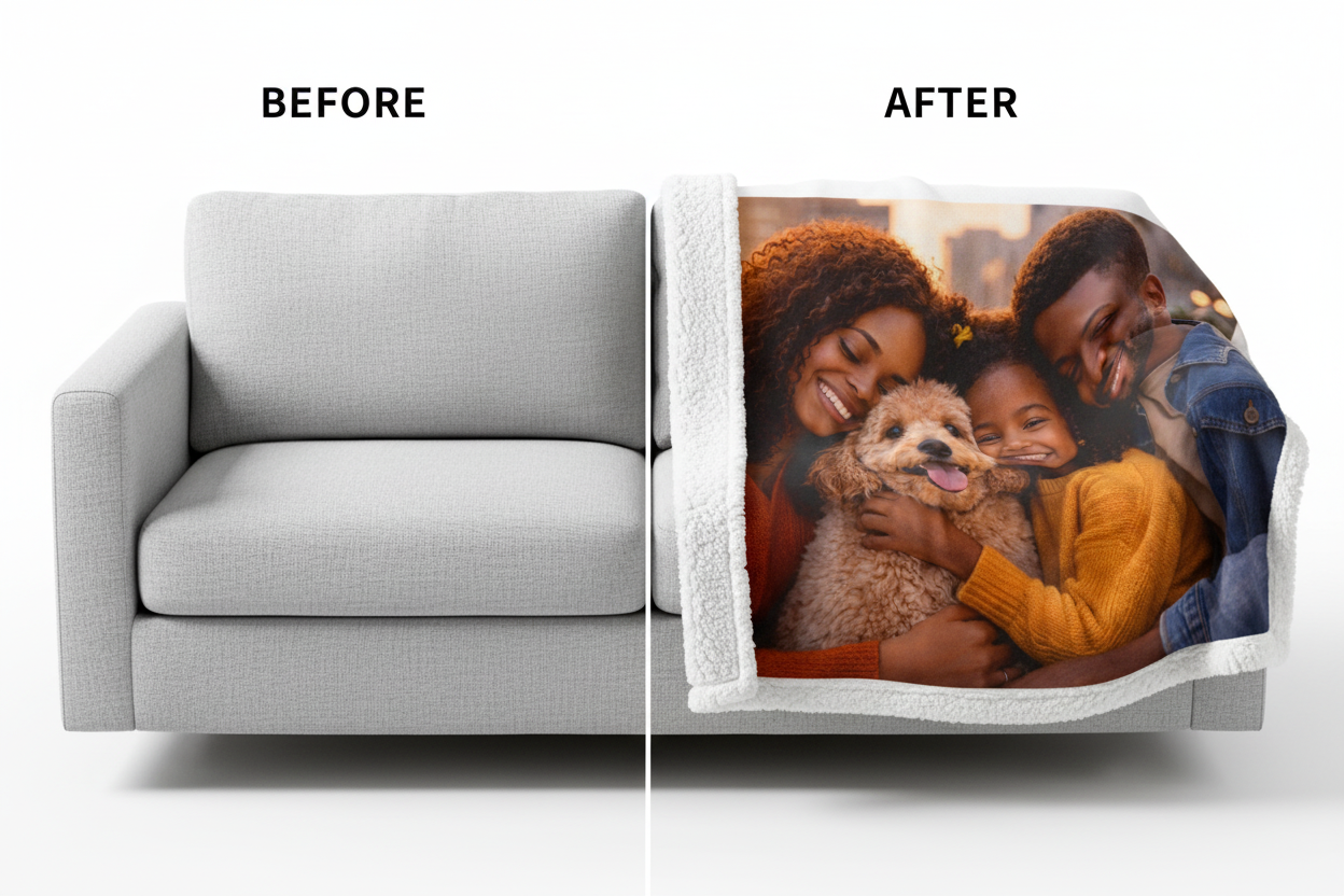 Before and after comparison showing a plain blanket transformed into a personalized photo sherpa fleece throw
