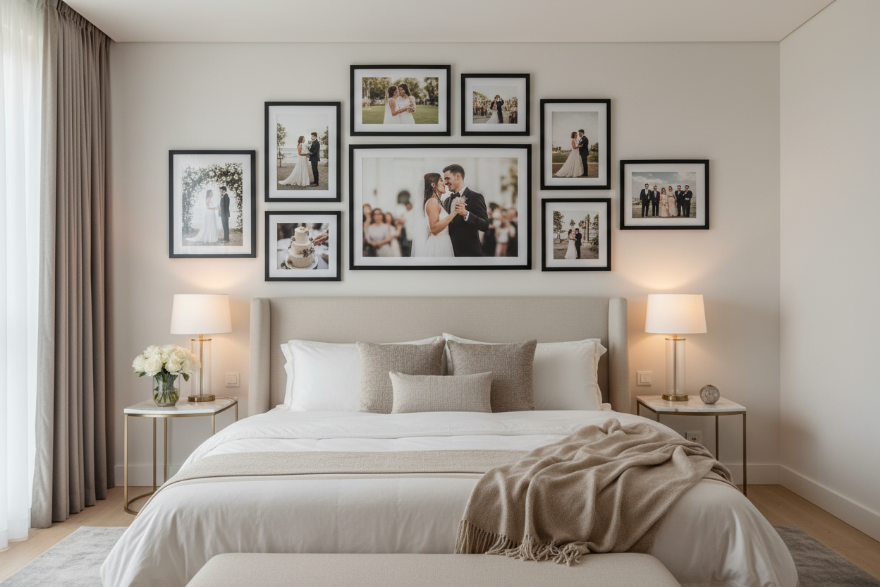Wedding gallery wall with multiple custom framed matte posters in master bedroom