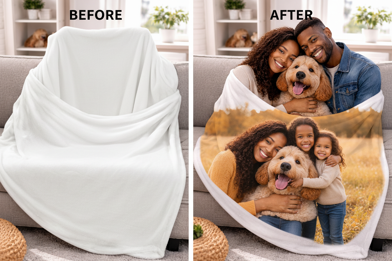Personalized Photo Fleece Blanket Before & After