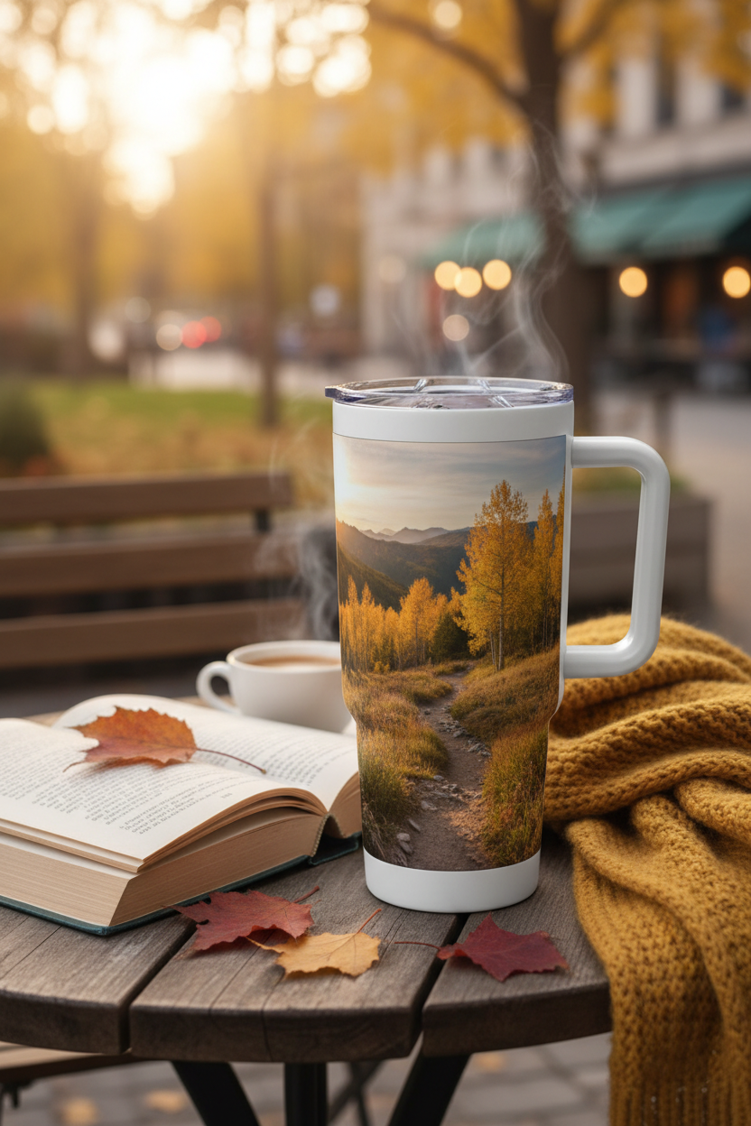 Travel mug at outdoor café