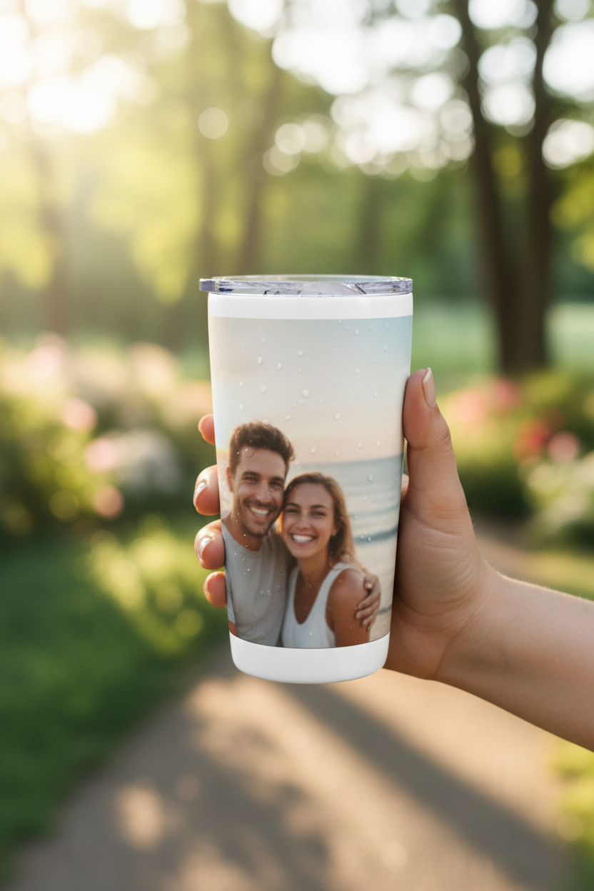 Tumbler held outdoors