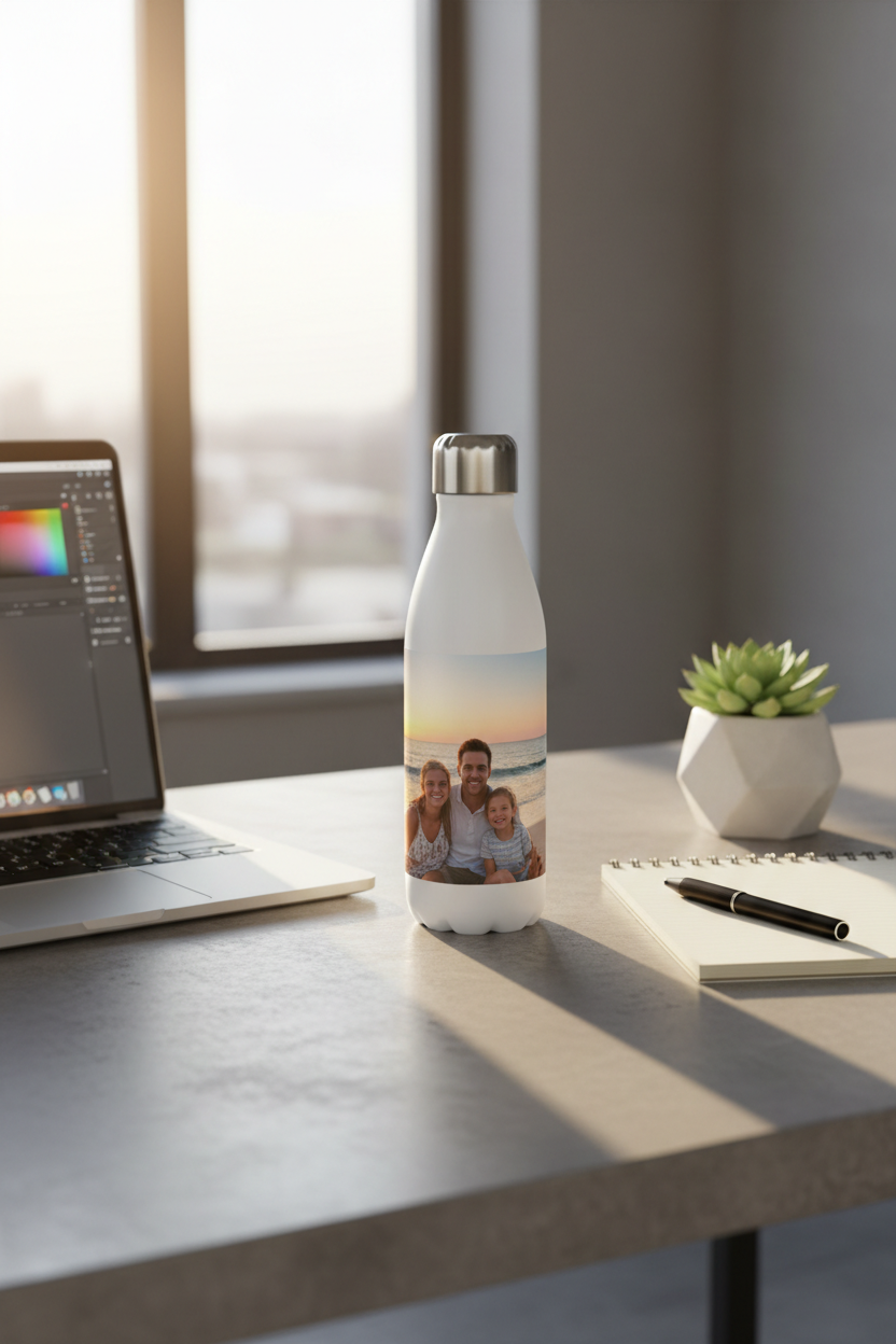 Water bottle on office desk
